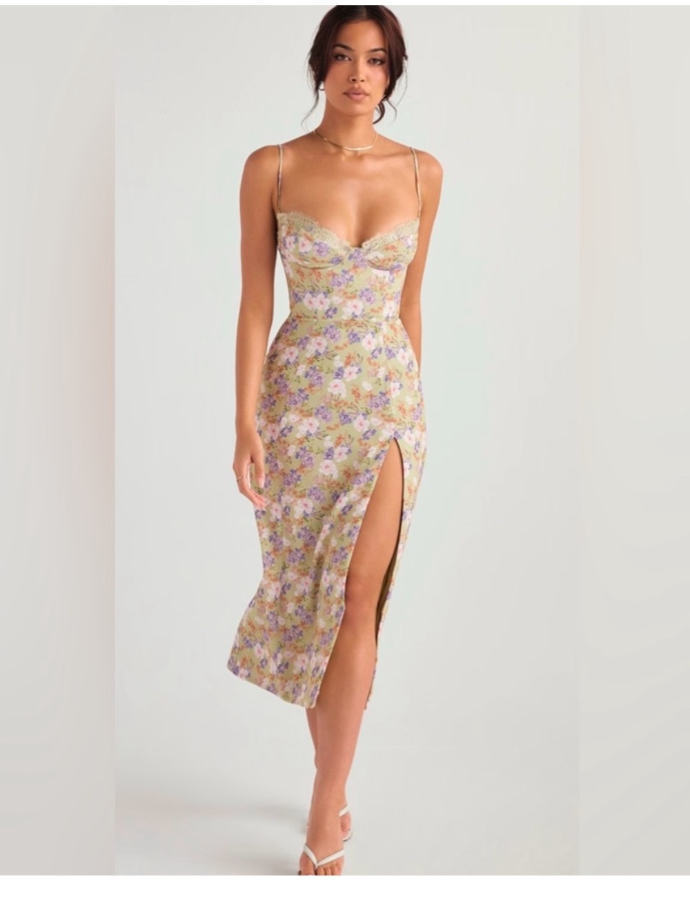 House of CB Charlotte peony Yellow Floral Midi Slip Dress with Side Slit